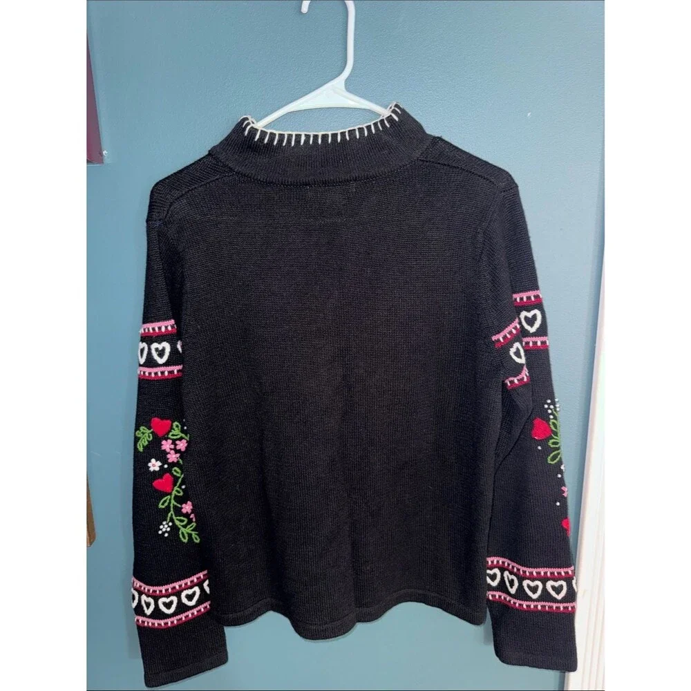 Vintage Orvis Black V-Neck Sweater with Pink, Red & Green Floral Heart